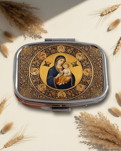 Vintage Dark Gold Madonna Square Pill Box