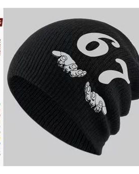 67 Six Seven Number Gesture Beanie Black Knit Slouch Hat