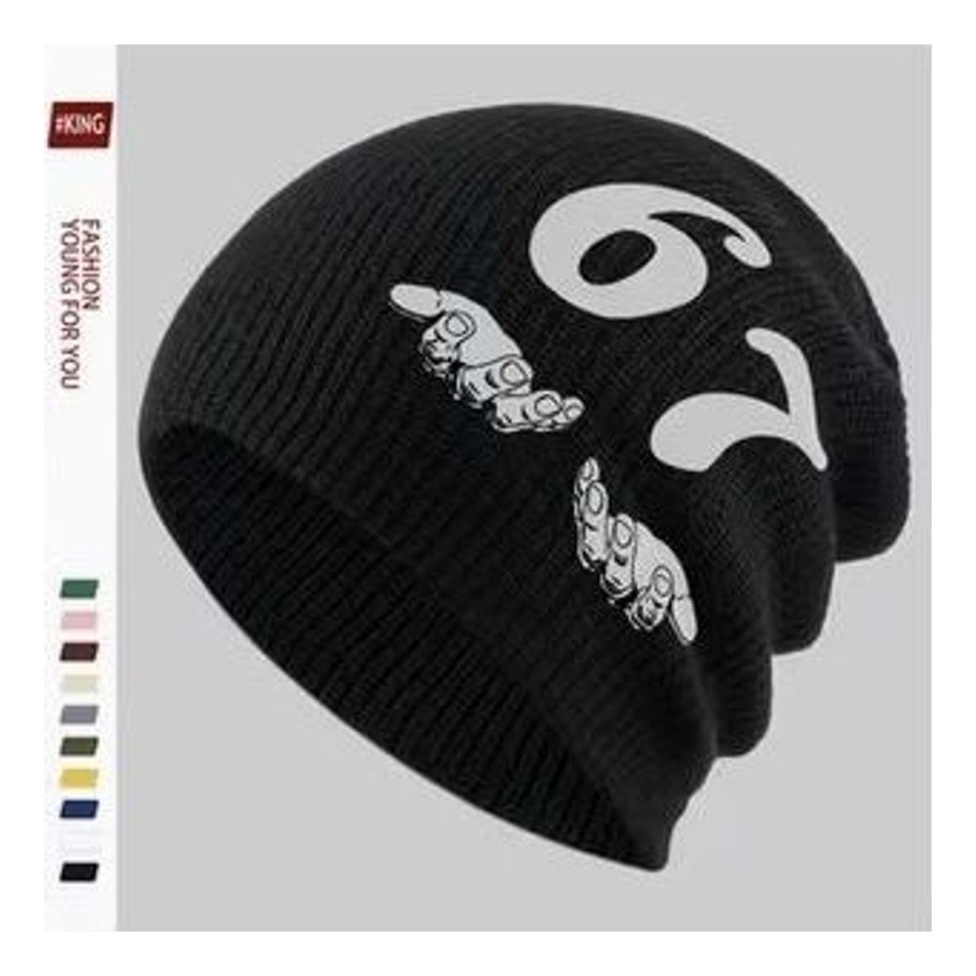 67 Six Seven Number Gesture Beanie Black Knit Slouch Hat