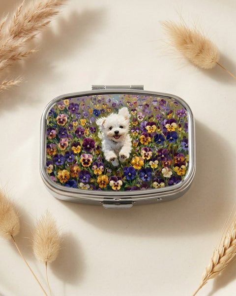 White Dog in Pansies Pill Box