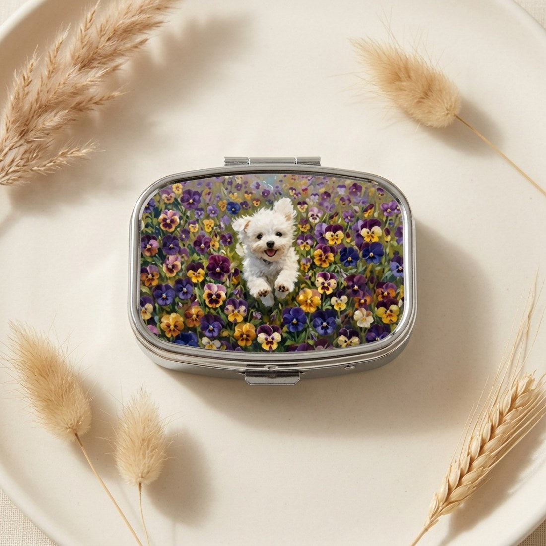 White Dog in Pansies Pill Box