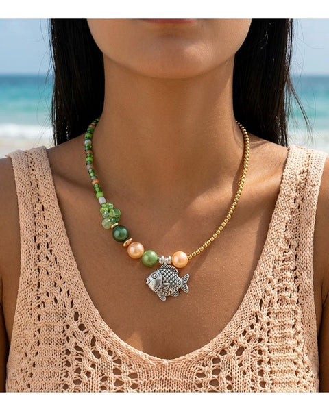 Bohemian Beaded Little Fish Pendant Necklace Green Colour Mix Beach