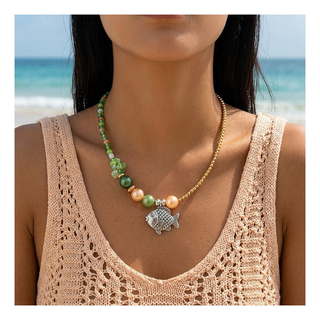 Bohemian Beaded Little Fish Pendant Necklace Green Colour Mix Beach