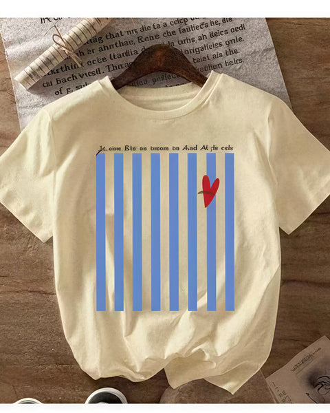 French-Style Slogan Striped Tee