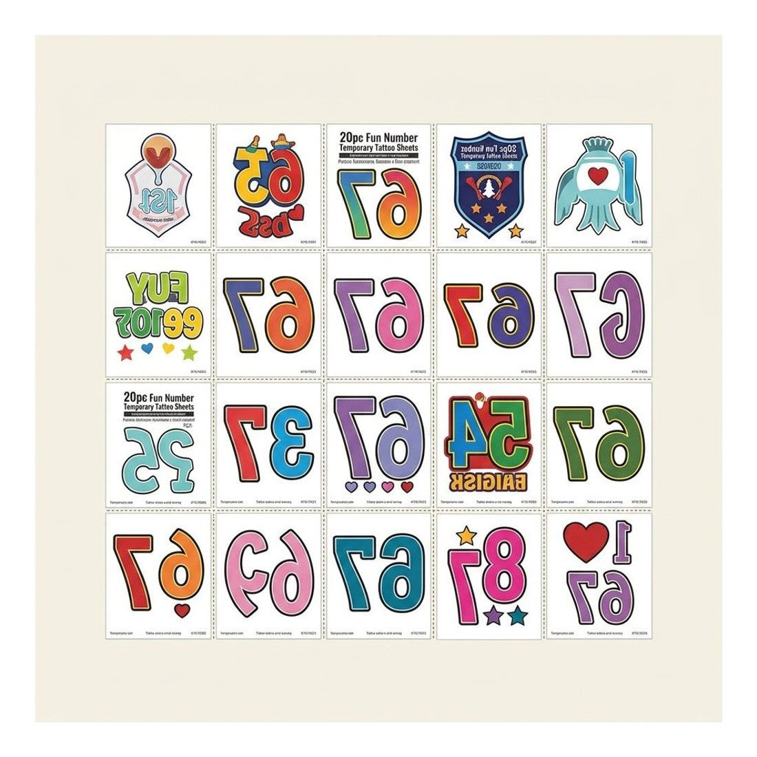 20pc Fun Number Temporary Tattoo Sheets Colourful Kids Party Tattoos