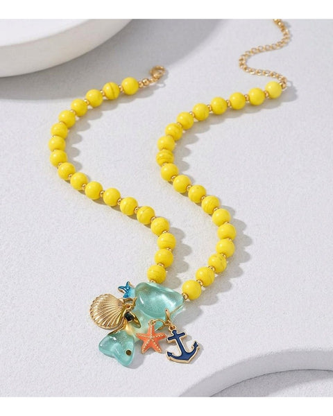 Fashionable Vacation Yellow Bead Necklace Ocean Charm Summer Statement