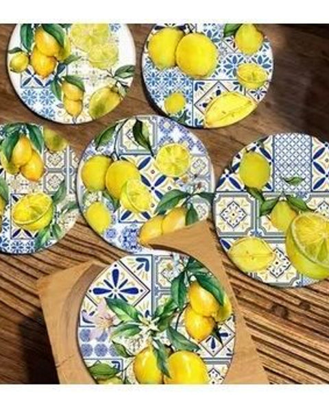 6pc Lemon Wood Coaster Set Sicilian Tile Print Drink Coasters