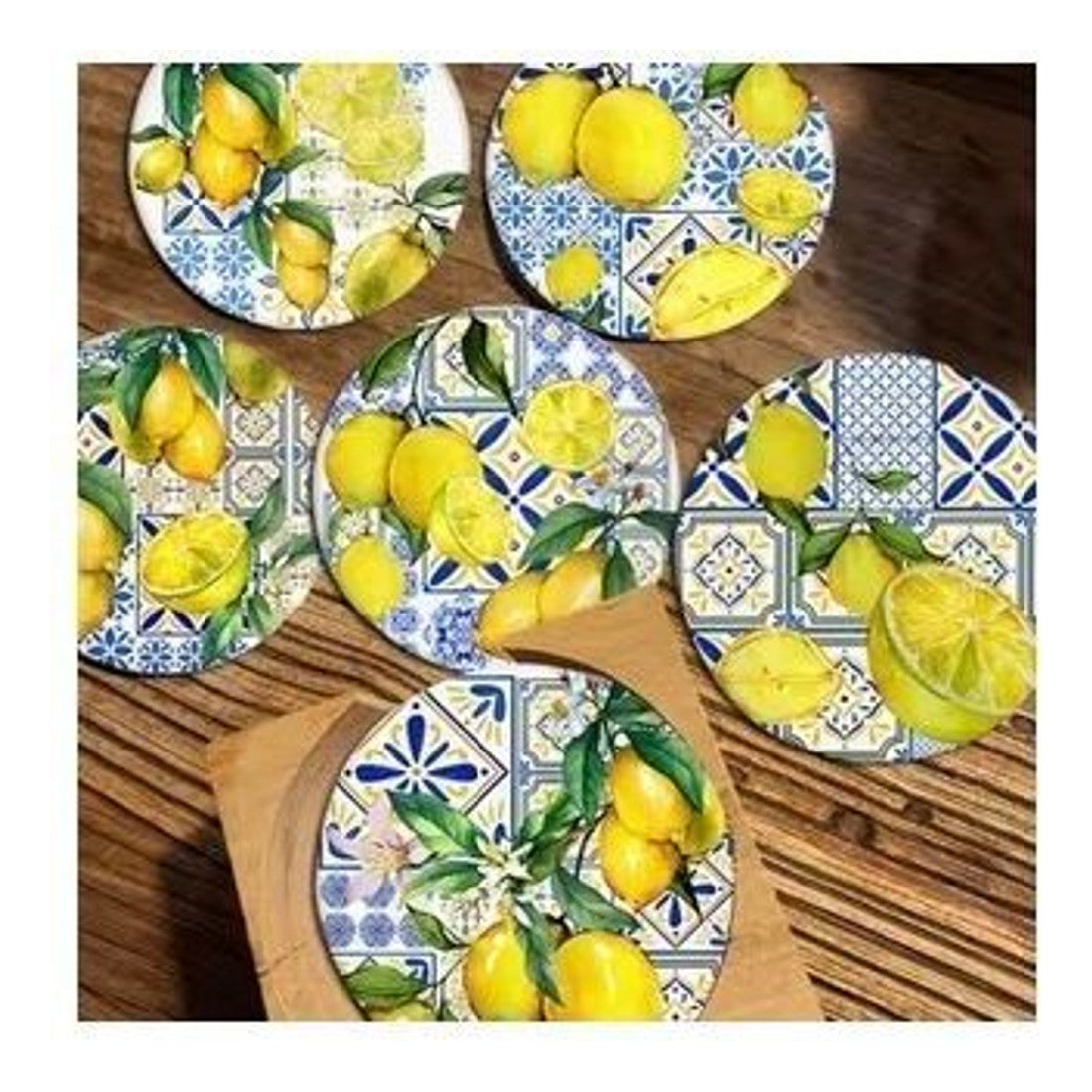 6pc Lemon Wood Coaster Set Sicilian Tile Print Drink Coasters