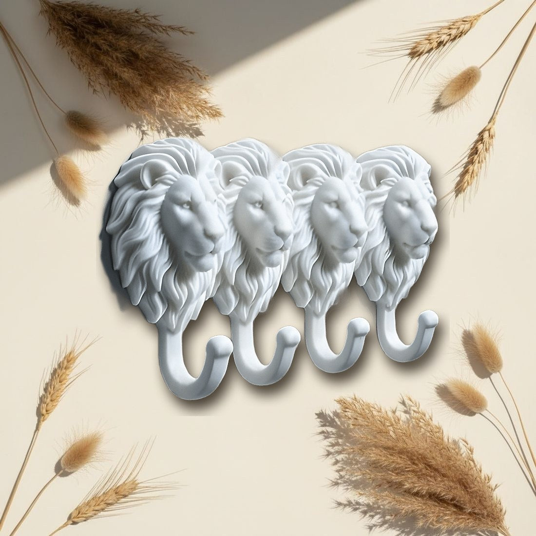 Grassland Lion Head Wall Hooks 4pc White
