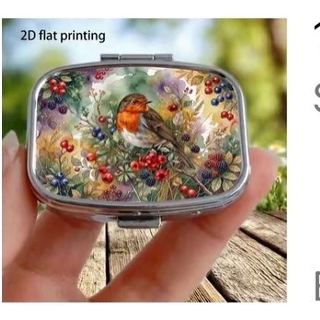 Robin and Berry Blossom Pill Box Square Metal Hinged Bird Lover Tablet Case Gift
