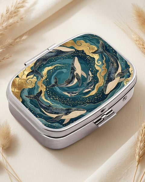 Whale Ocean Swirl Pill Box Square Metal Teal Gold Nautical Tablet Case Gift
