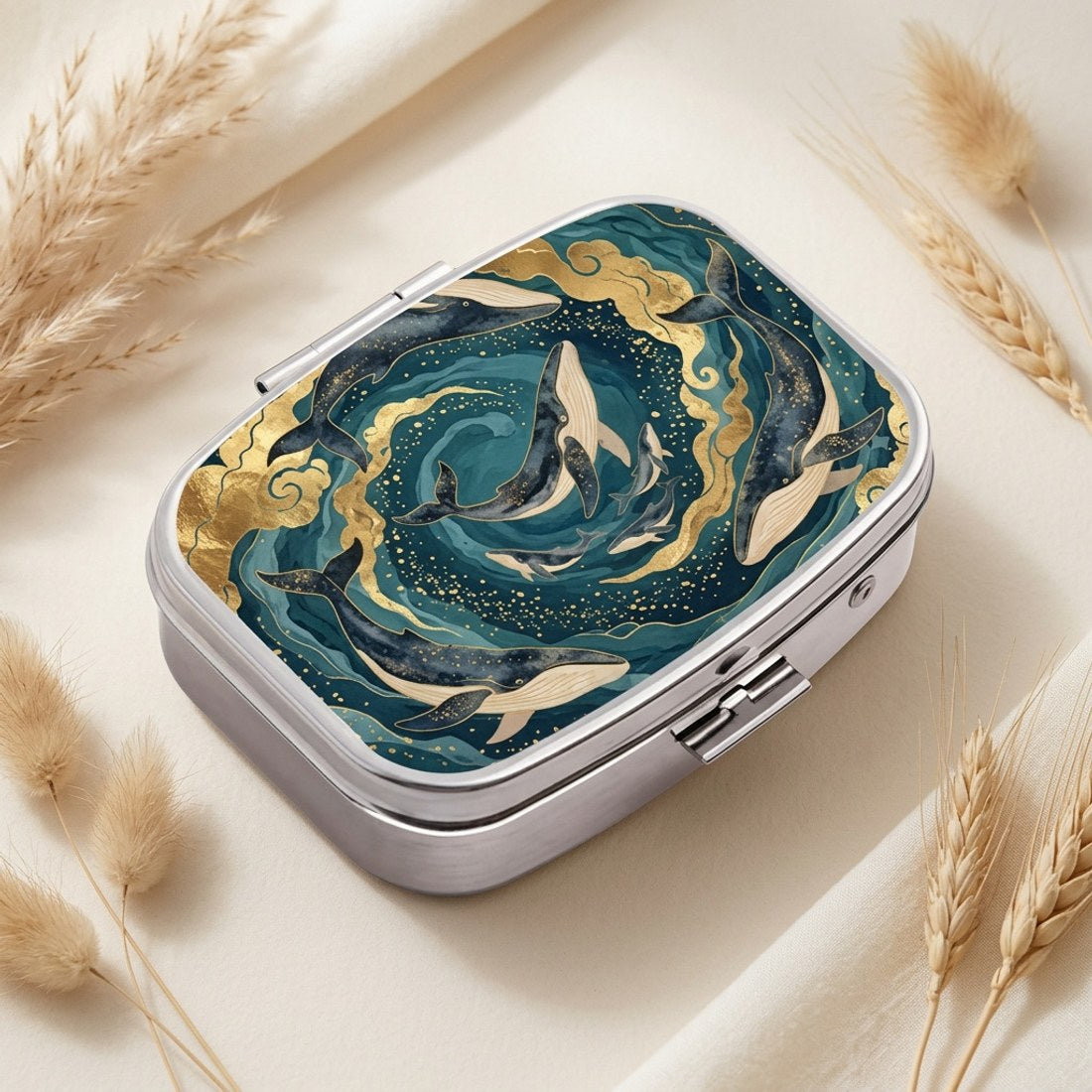 Whale Ocean Swirl Pill Box Square Metal Teal Gold Nautical Tablet Case Gift