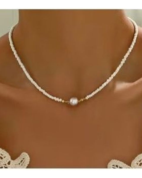 Classic White Seed Bead Necklace Irregular Faux Pearl Centre Dainty Choker