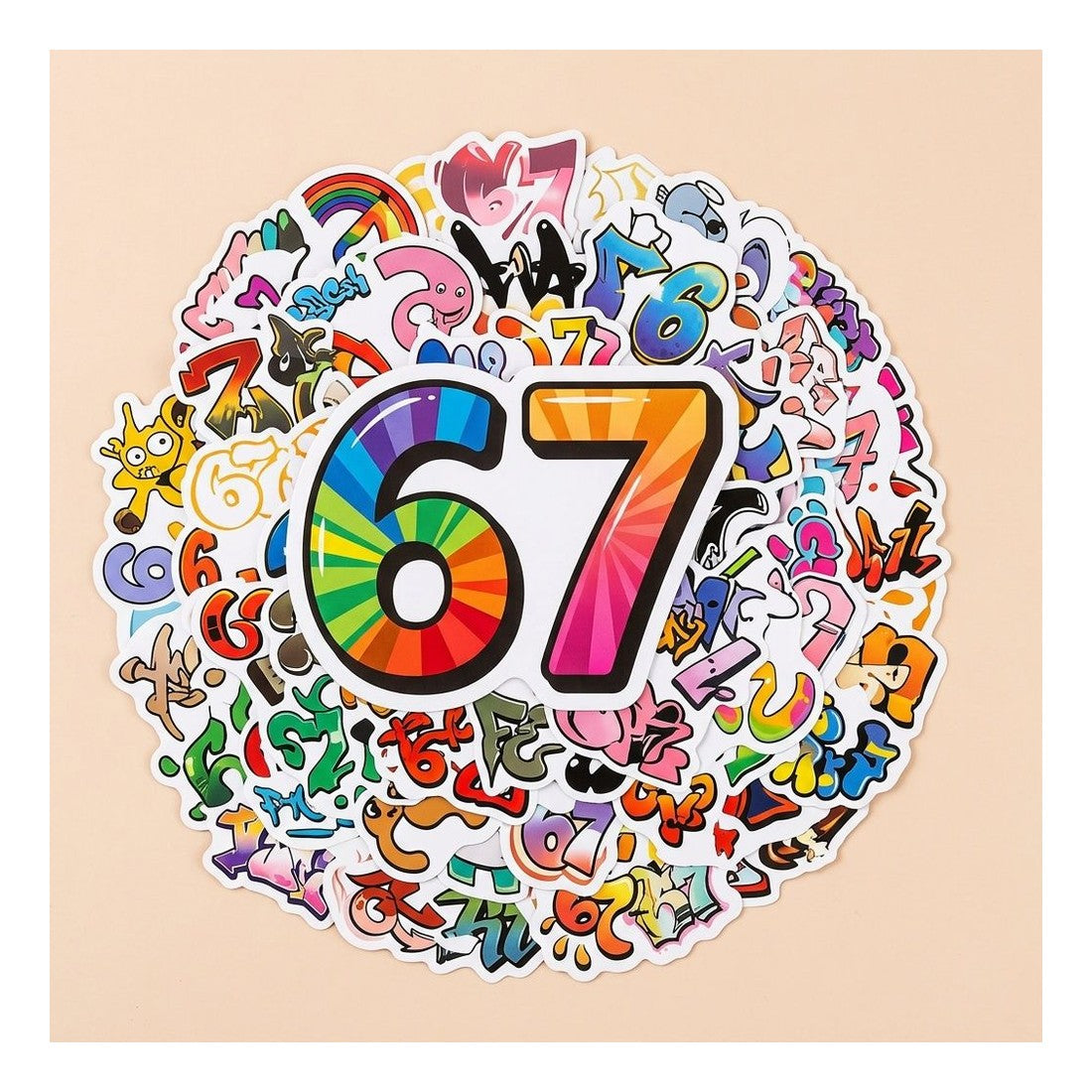 50pc Number 67 Graffiti Stickers Multicolour Six Seven Decal Pack
