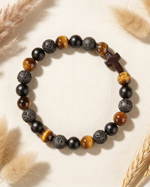 Natural Tiger Eye Bead Bracelet Black Onyx Cross Protection Stretch Wristband