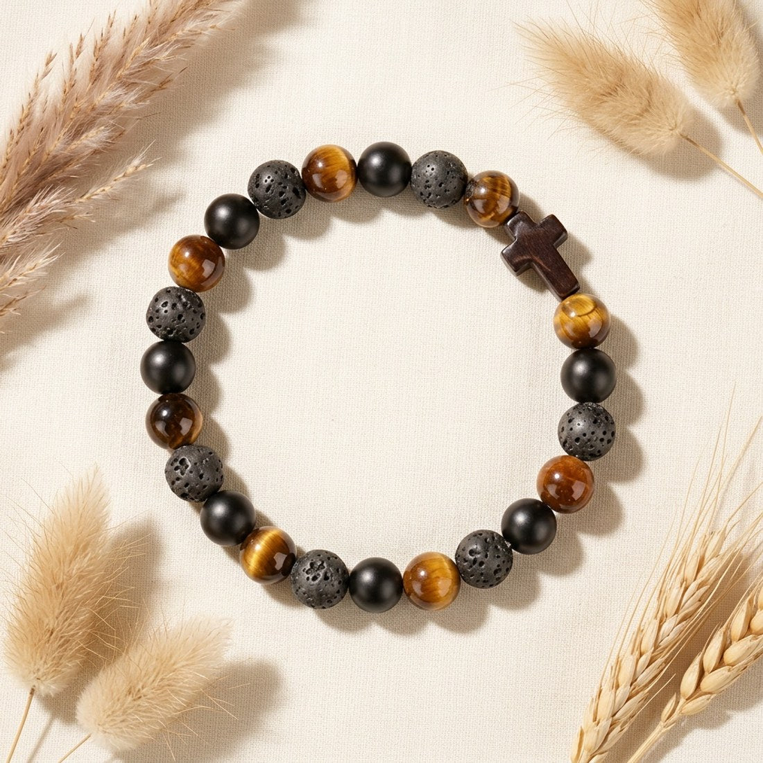 Natural Tiger Eye Bead Bracelet Black Onyx Cross Protection Stretch Wristband