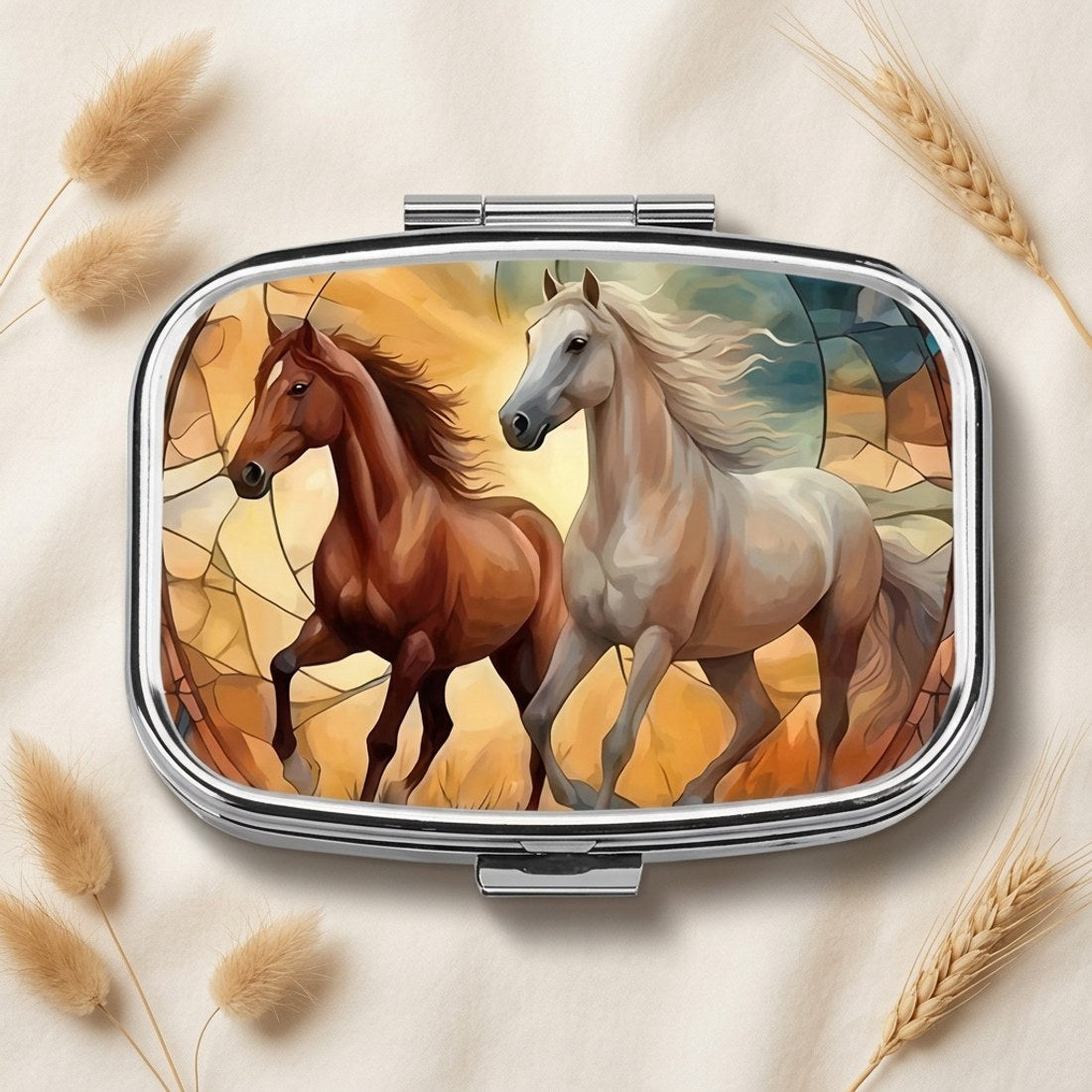Running Horses Stained Glass Pill Box