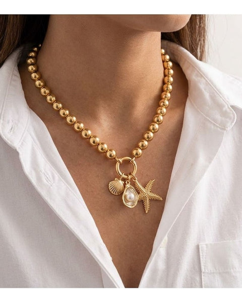 Women's Marine Life Starfish Pendant Necklace Gold Tone Beaded Beach Chain