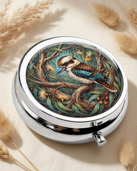 Kookaburra Pill Box Round 5cm Metal Australian Bird Gum Leaves Tablet Case Gift