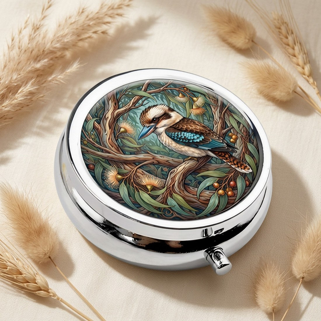Kookaburra Pill Box Round 5cm Metal Australian Bird Gum Leaves Tablet Case Gift