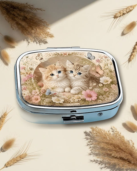 Two Kittens in Flowers Square Pill Box