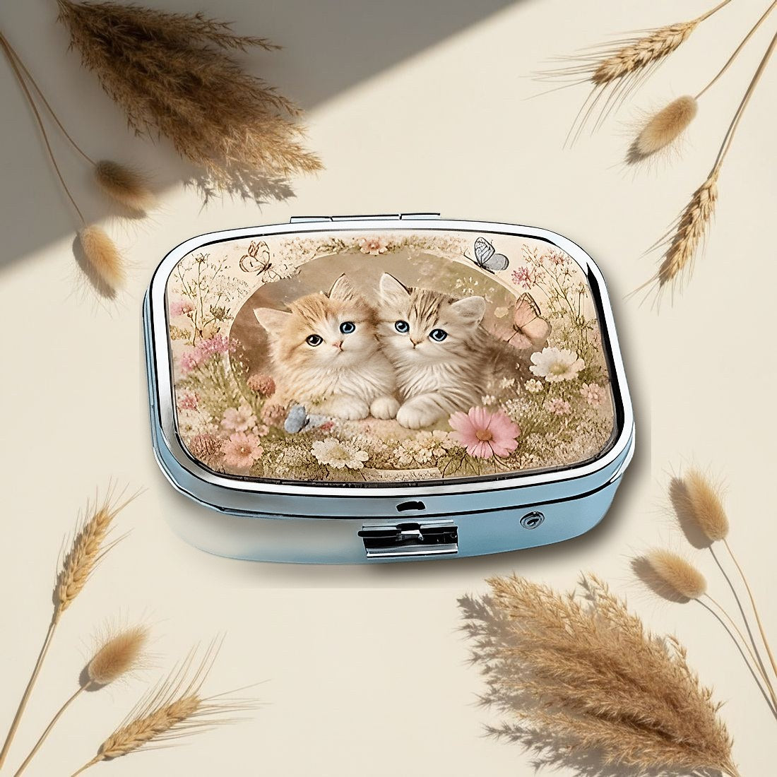 Two Kittens in Flowers Square Pill Box