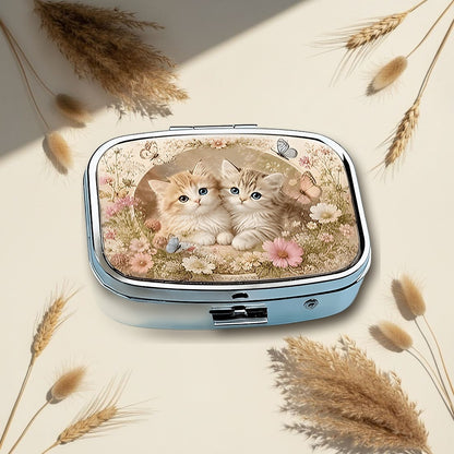 Two Kittens in Flowers Square Pill Box