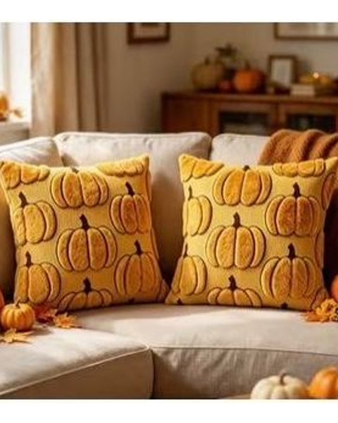 2pc Plush Pumpkin Cushion Covers Yellow 45x45cm Autumn Halloween Decor