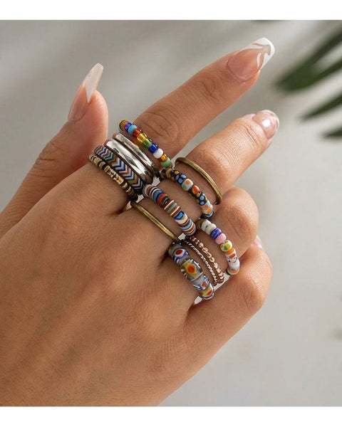 10pc Bohemian Versatile Ring Set Polychrome Mixed Stacking Rings