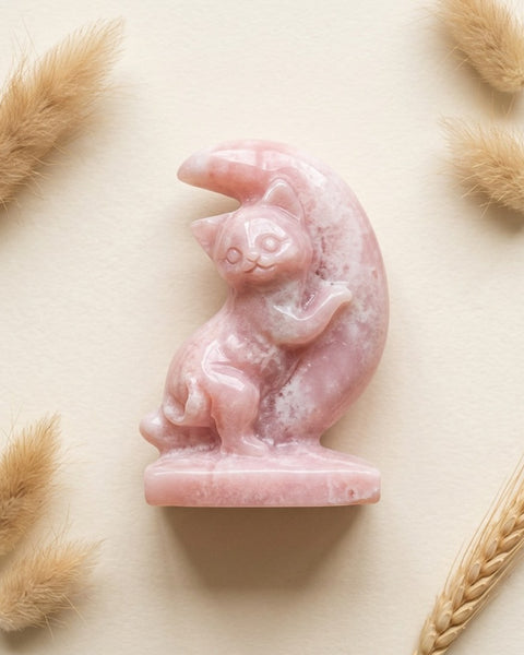 Pink Opal Moon Cat Carving
