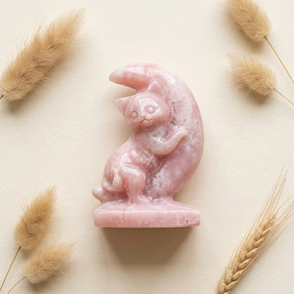 Pink Opal Moon Cat Carving