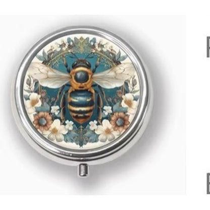 Retro Blue Golden Bee Round Pill Box 5cm