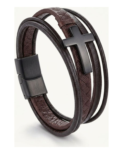 Multi-Layer Leather Look Bracelet Brown Black Buckle Wrap Wristband Men