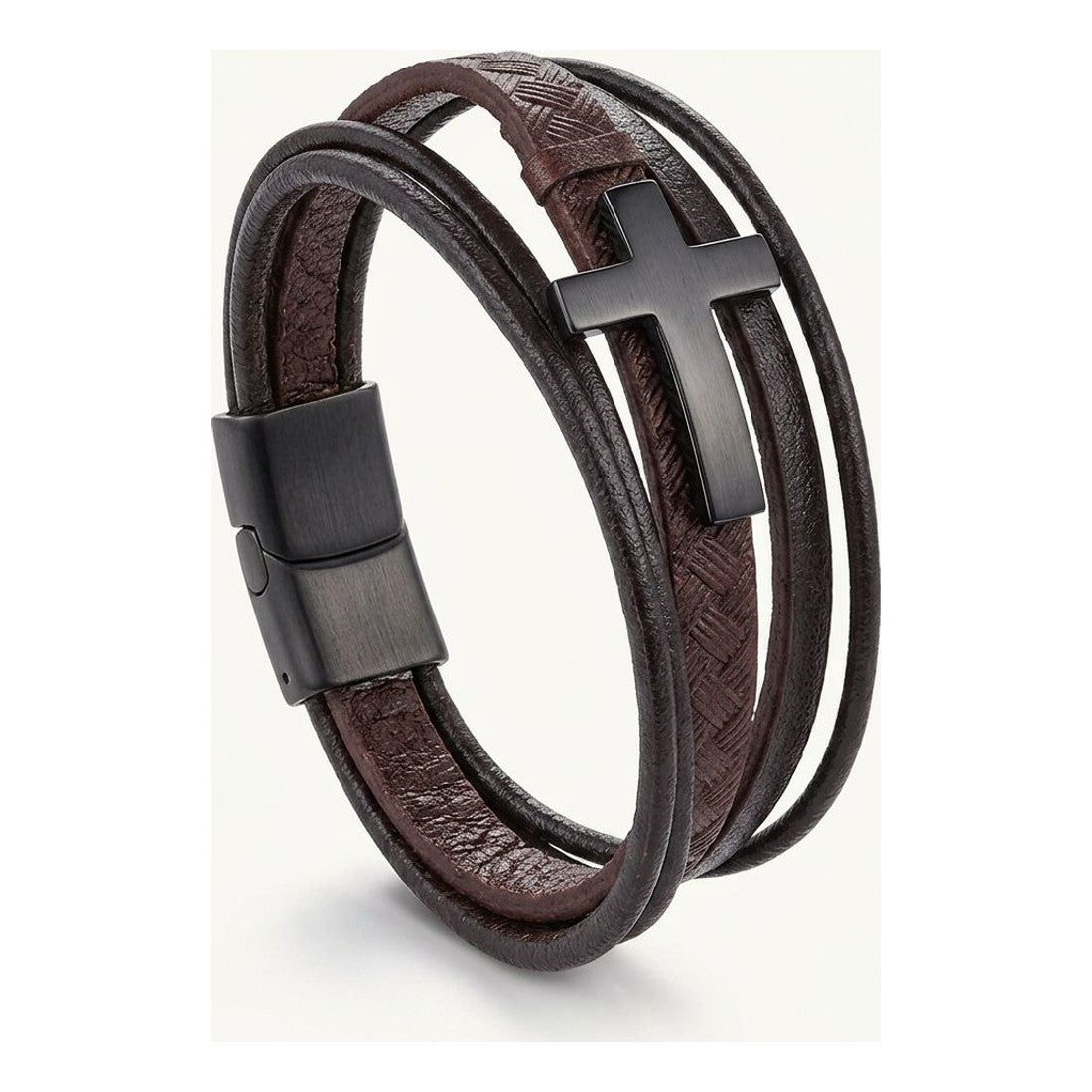 Multi-Layer Leather Look Bracelet Brown Black Buckle Wrap Wristband Men