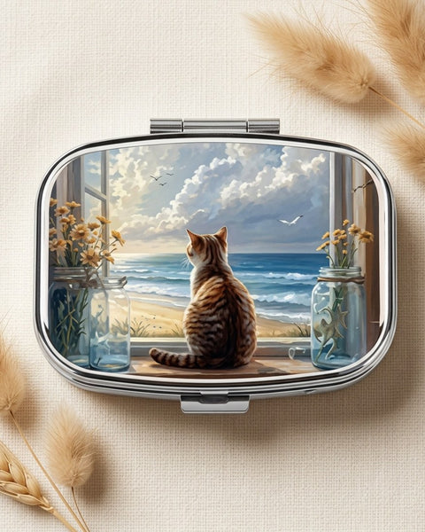 Ginger Cat at the Window Pill Box Metal Hinged Seaside Cat Lover Tablet Case
