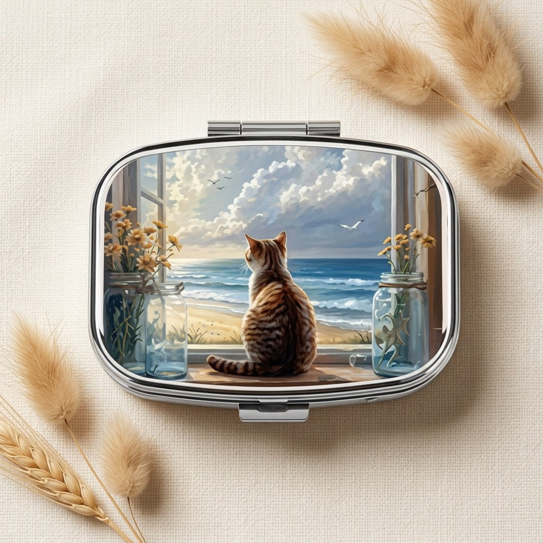 Ginger Cat at the Window Pill Box Metal Hinged Seaside Cat Lover Tablet Case