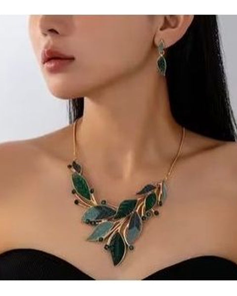 3pc Green Enamel Leaf Necklace & Earrings Set Gold Tone Statement Jewellery