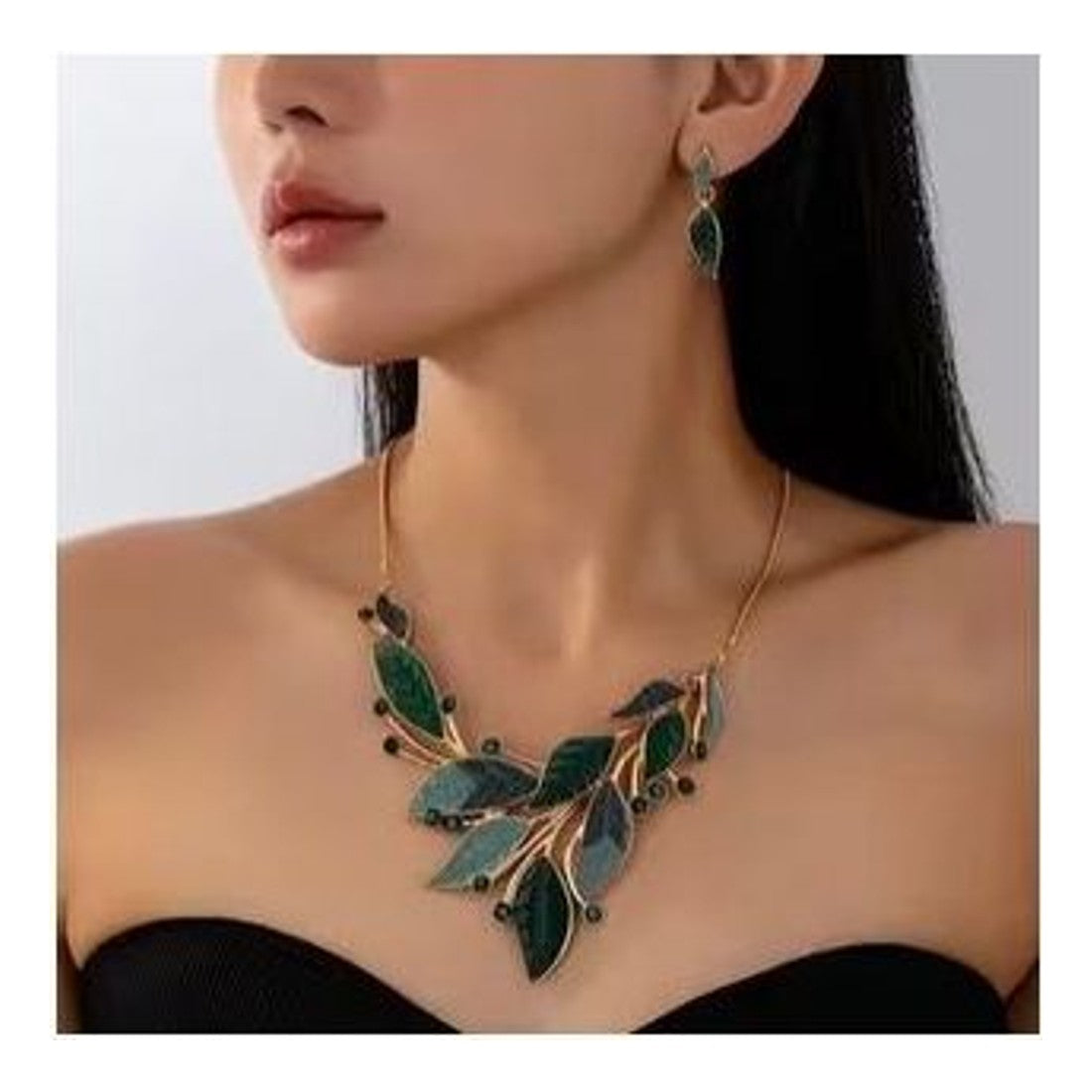 3pc Green Enamel Leaf Necklace & Earrings Set Gold Tone Statement Jewellery