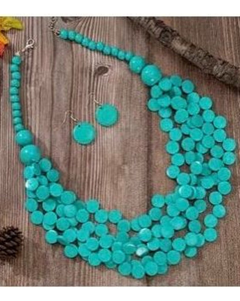 3pc Bohemian Wooden Bead Necklace & Earrings Set Sky Blue Boho