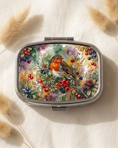 Robin and Berry Blossom Pill Box Square Metal Hinged Bird Lover Tablet Case Gift