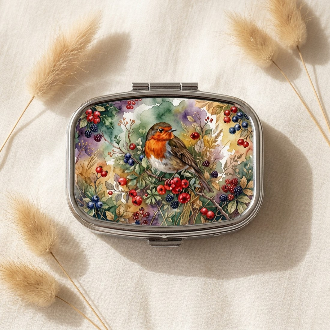 Robin and Berry Blossom Pill Box Square Metal Hinged Bird Lover Tablet Case Gift