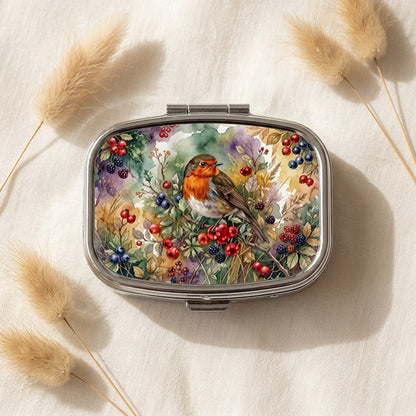 Robin and Berry Blossom Pill Box Square Metal Hinged Bird Lover Tablet Case Gift
