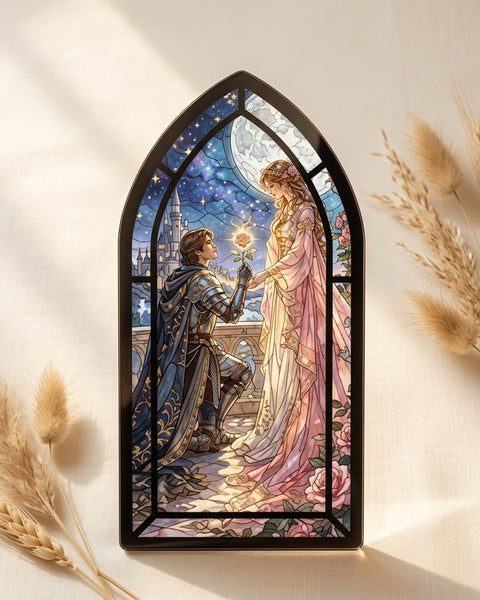 Acrylic Stained Glass Style Art Panel Romantic Couple Arch 20x10cm Shelf Decor