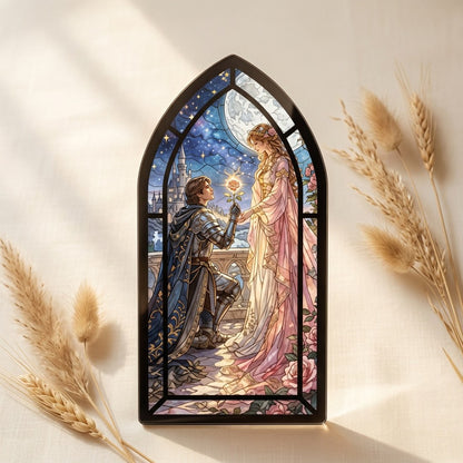 Acrylic Stained Glass Style Art Panel Romantic Couple Arch 20x10cm Shelf Decor