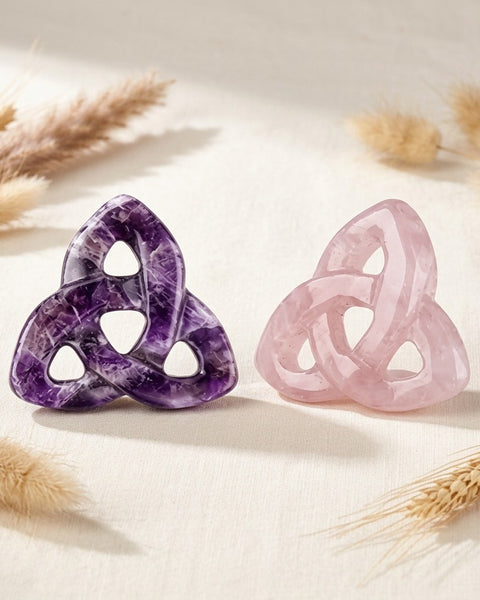 Amethyst and Rose Quartz Triquetra Carving 2pc