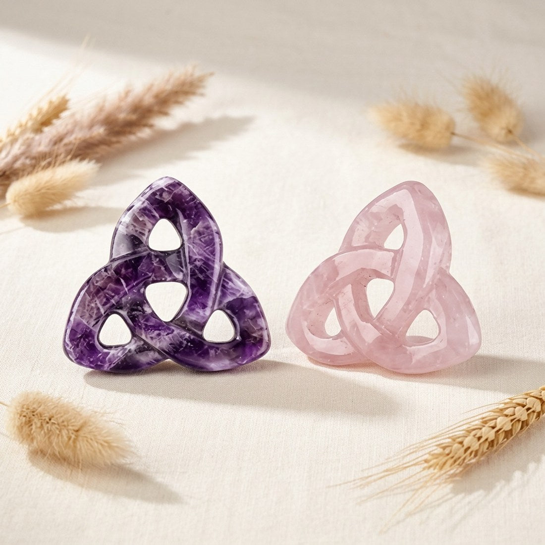 Amethyst and Rose Quartz Triquetra Carving 2pc