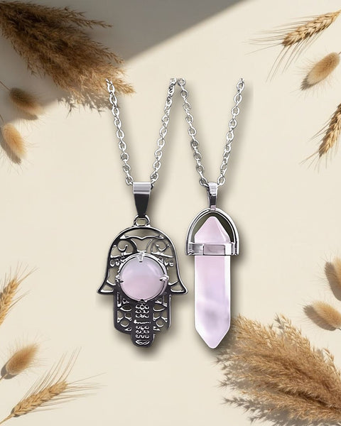 Rose Quartz Hamsa and Point Necklace Set 2pc