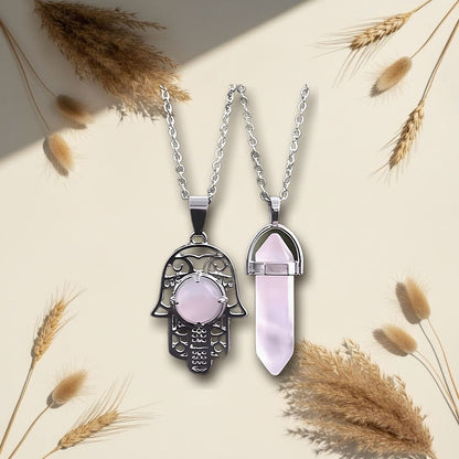 Rose Quartz Hamsa and Point Necklace Set 2pc