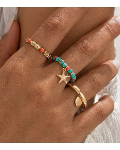 3pc Bohemian Coloured Bead Ring Set Polychrome Stacking Rings Boho