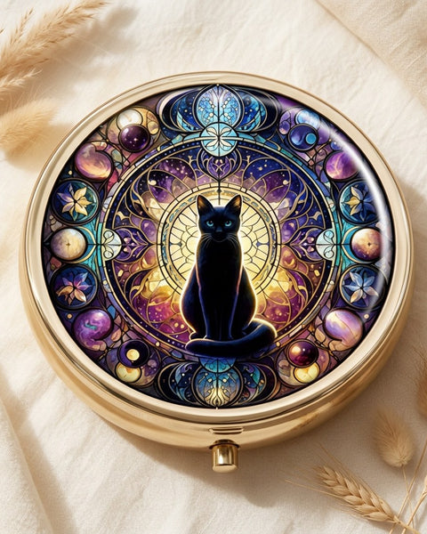 Moon and Black Cat Pill Box Round Gold Tone Celestial Witchy Tablet Case Gift